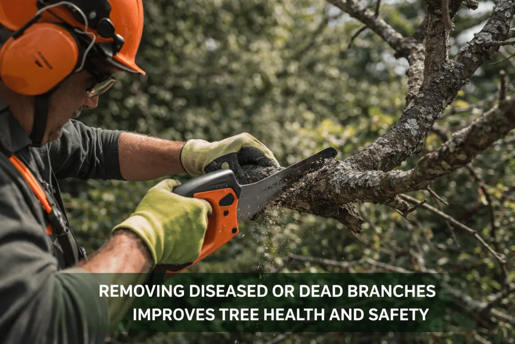 Cutting away diseased branches to promote healthy tree growth and safety.